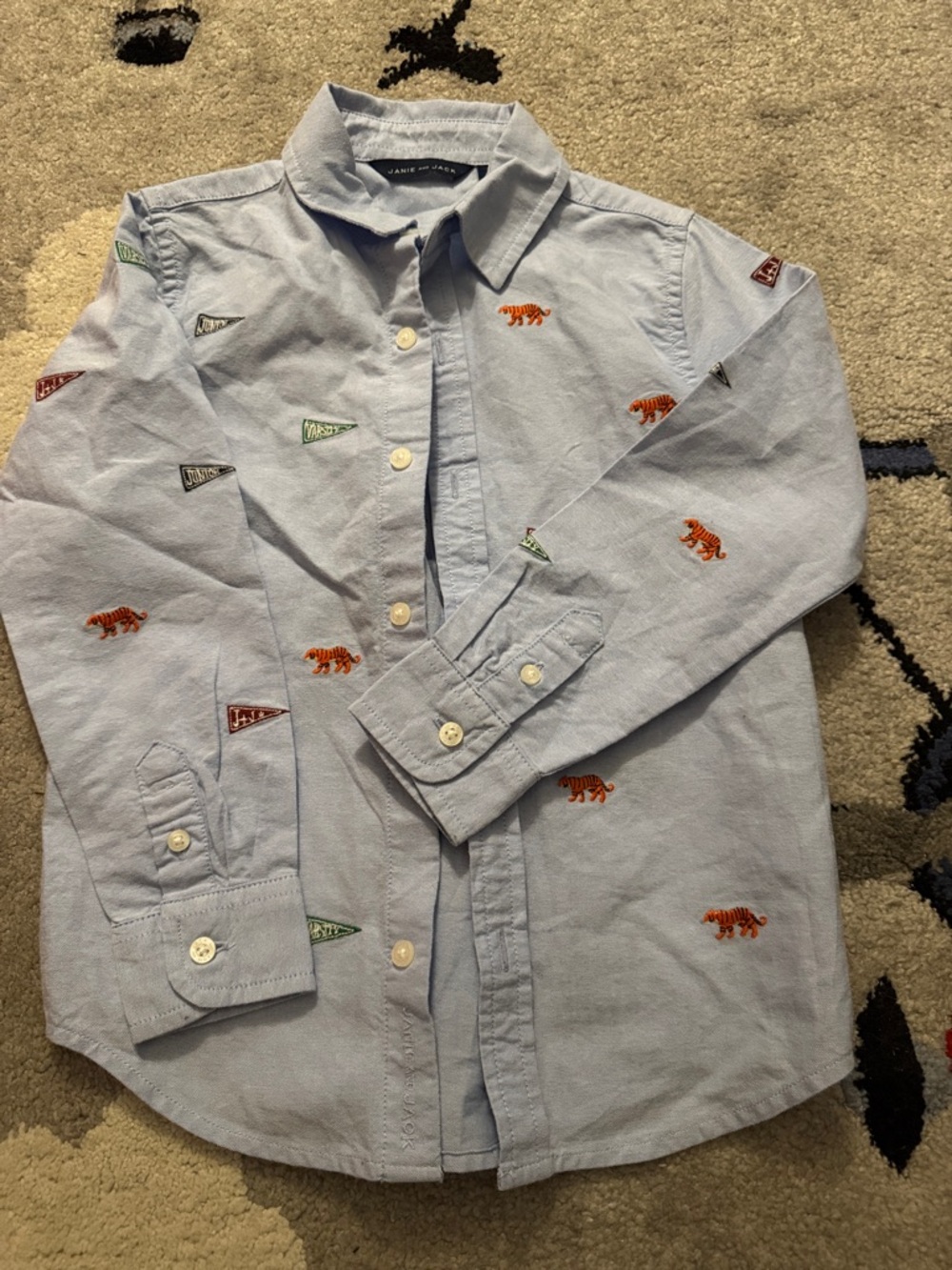 Janie and Jack Light Blue Button-Up with Orange Tiger Embroidery